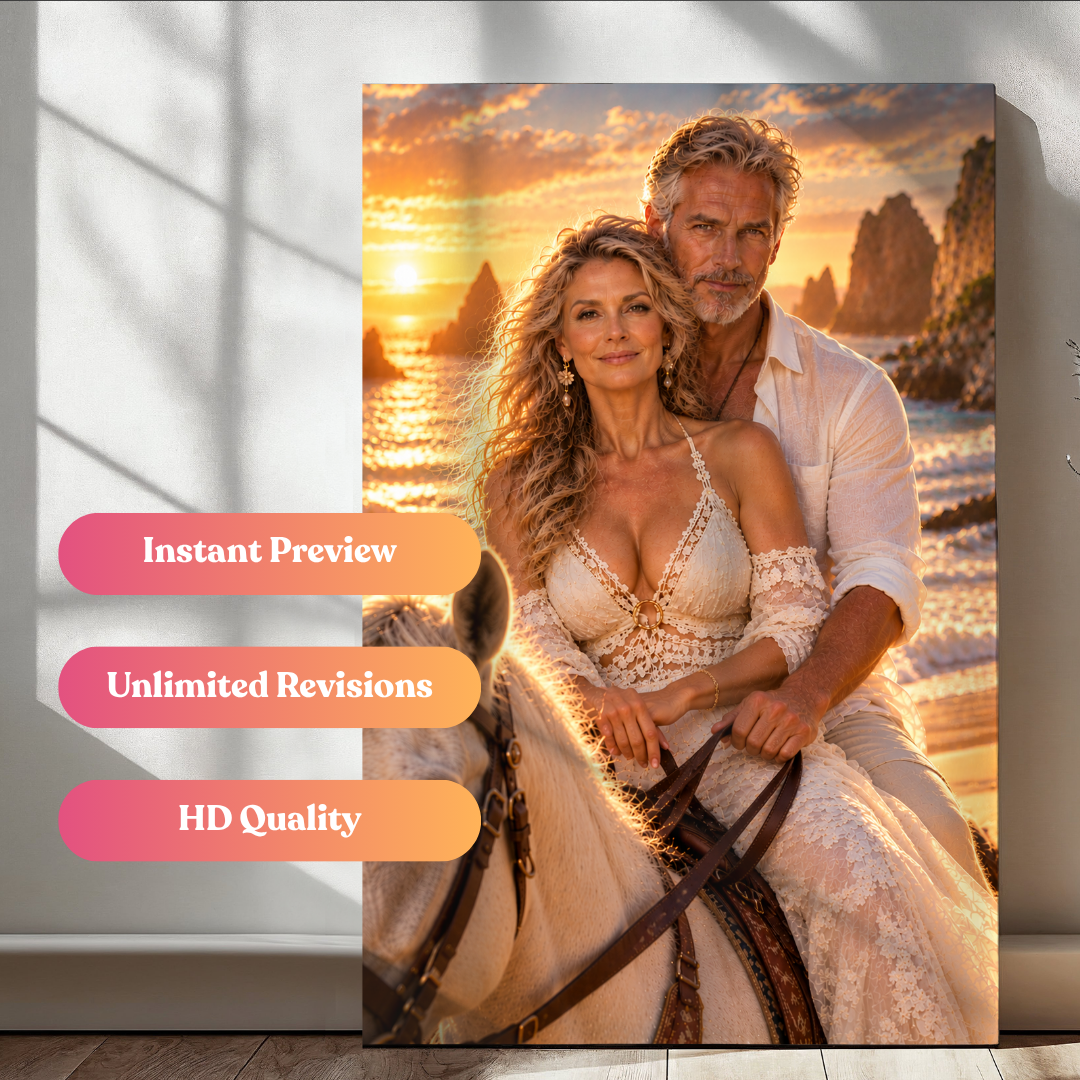 The Golden Sunset Horseback Romance Portrait