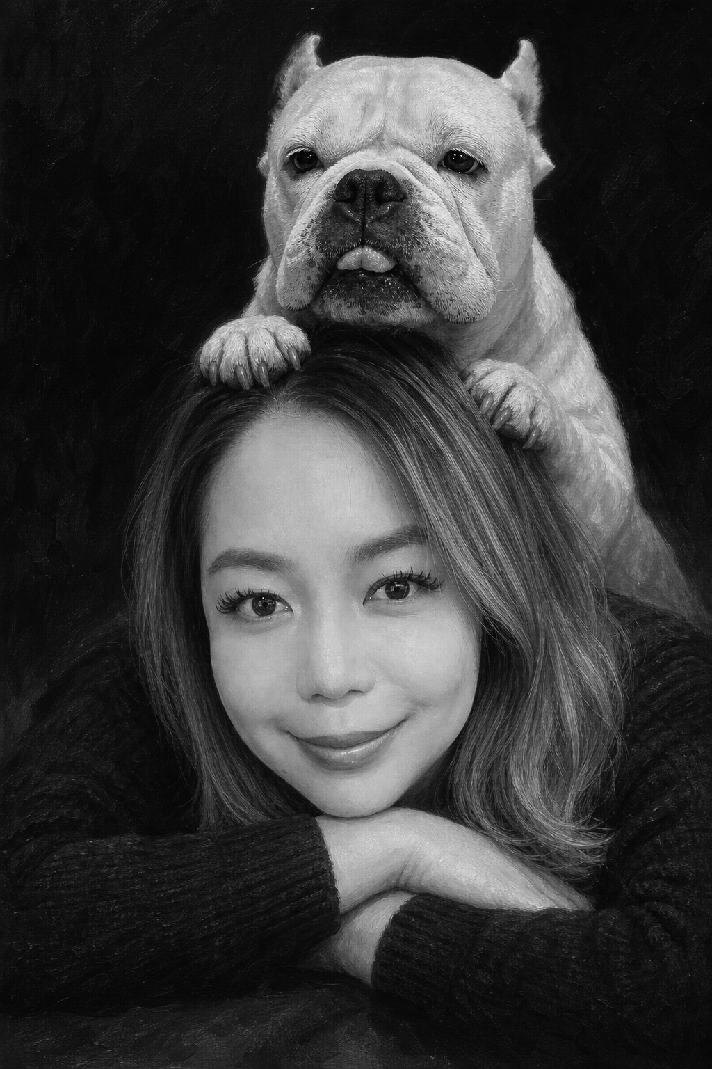 You & Your Pet: Timeless Portrait - black-and-white painted portrait of a woman with her bulldog