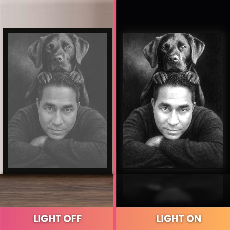 You & Your Pet: Timeless Portrait in an LED light-up frame, light off and light on